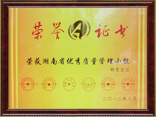 湖南省優(yōu)秀質量管理小組證書